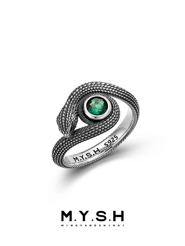 S925 Silver Green-Eyed Snake Ring-MYSH