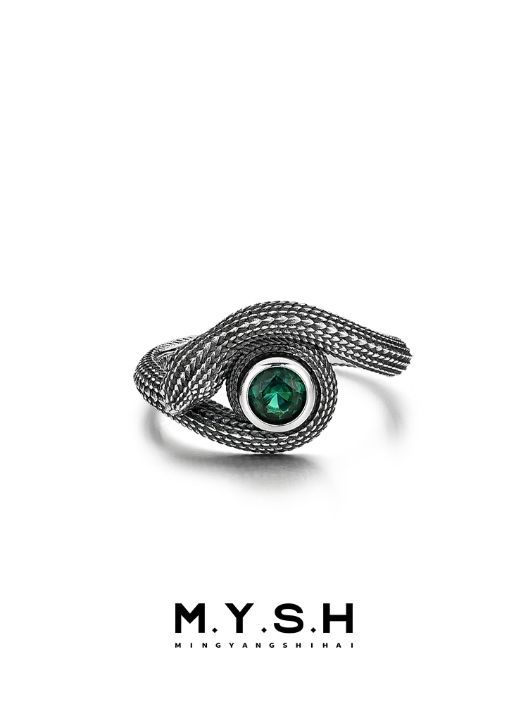 S925 Silver Green-Eyed Snake Ring-MYSH