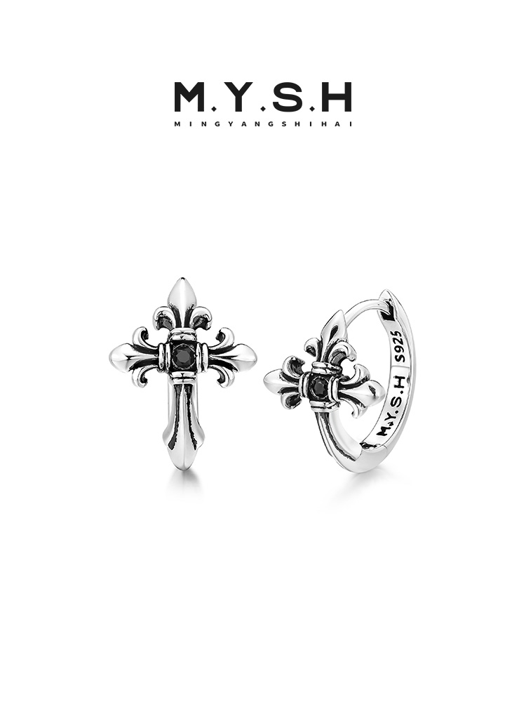 S925 Silver Fleur-de-Lis Cross Hoop Earrings