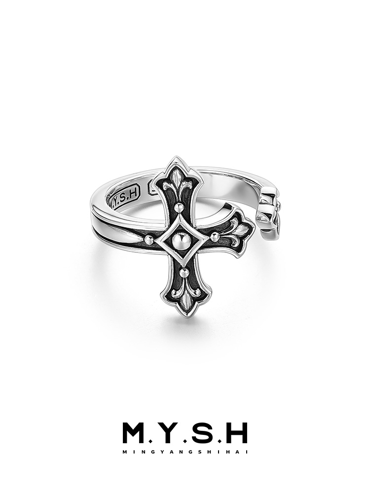 S925 Silver Fleur-de-Lis Cross Open Ring-MYSH