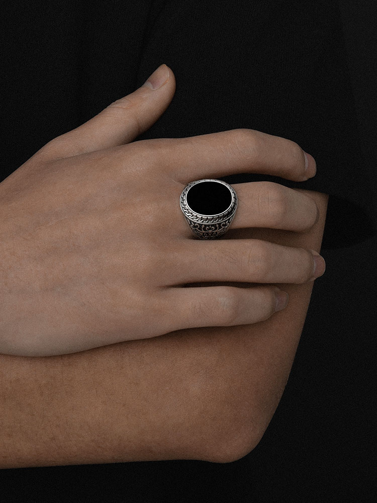 Sterling Silver Black Onyx Carved Wide Band Ring