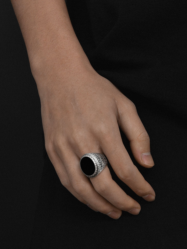 Sterling Silver Black Onyx Carved Wide Band Ring