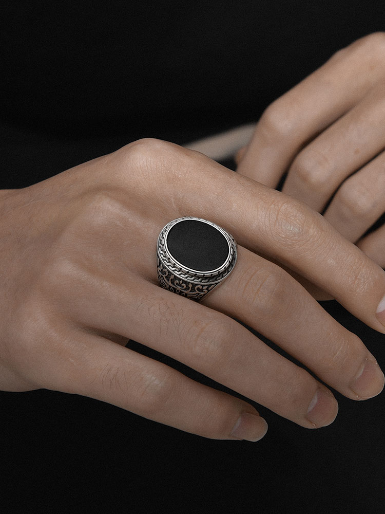 Sterling Silver Black Onyx Carved Wide Band Ring