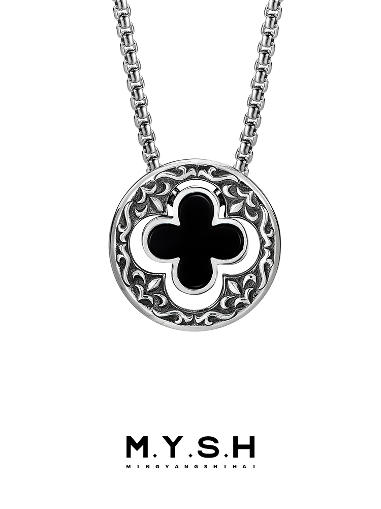 S925 Silver Natural Black Agate Four-Leaf Clover Pendant Necklace
