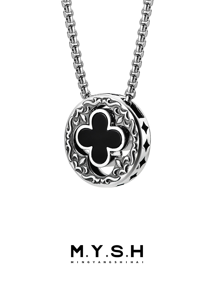 S925 Silver Natural Black Agate Four-Leaf Clover Pendant Necklace
