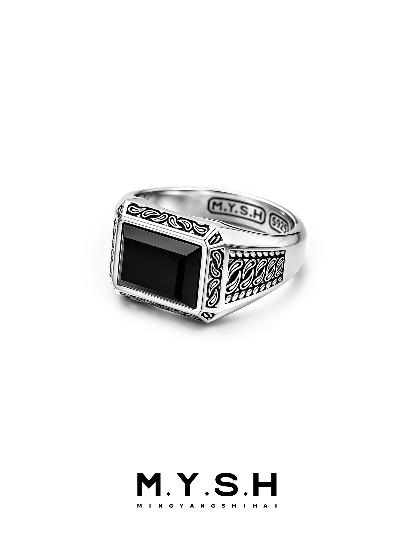 S925 Silver Paisley Black Onyx Signet Ring