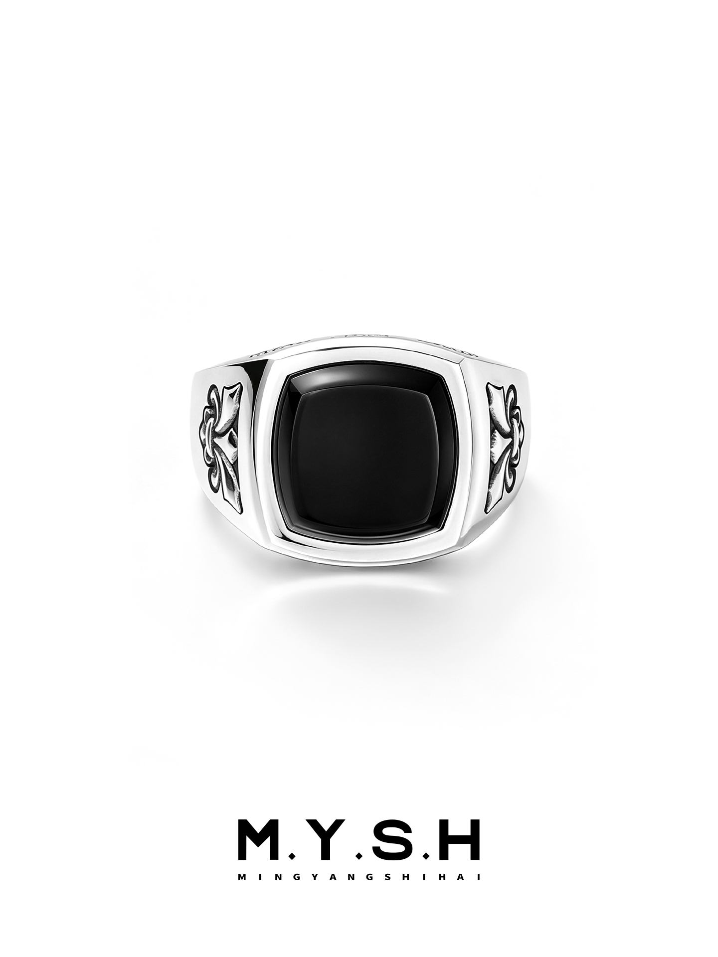 S925 Silver Classic Fleur-de-Lis Black Stone Signet Ring