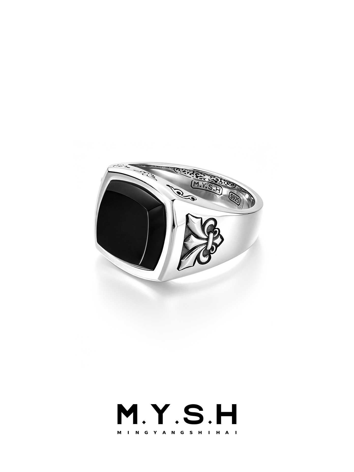 S925 Silver Classic Fleur-de-Lis Black Stone Signet Ring