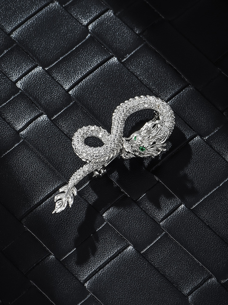 S925 Silver Full Pave Emerald-Eyed White Dragon Lapel Pin