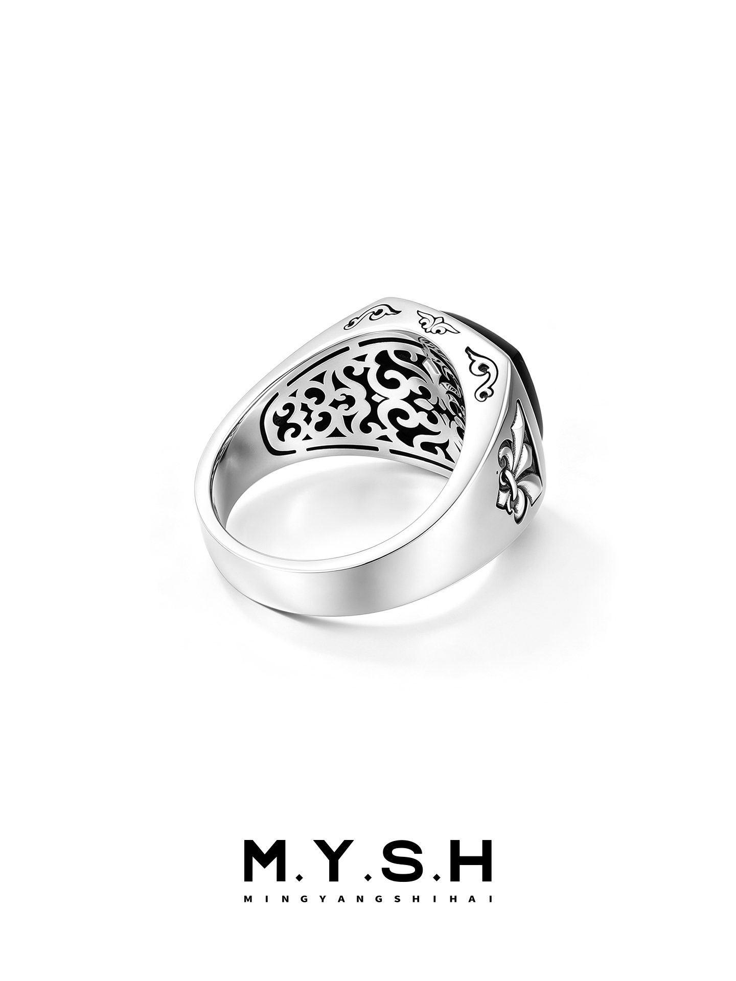 S925 Silver Classic Fleur-de-Lis Black Stone Signet Ring
