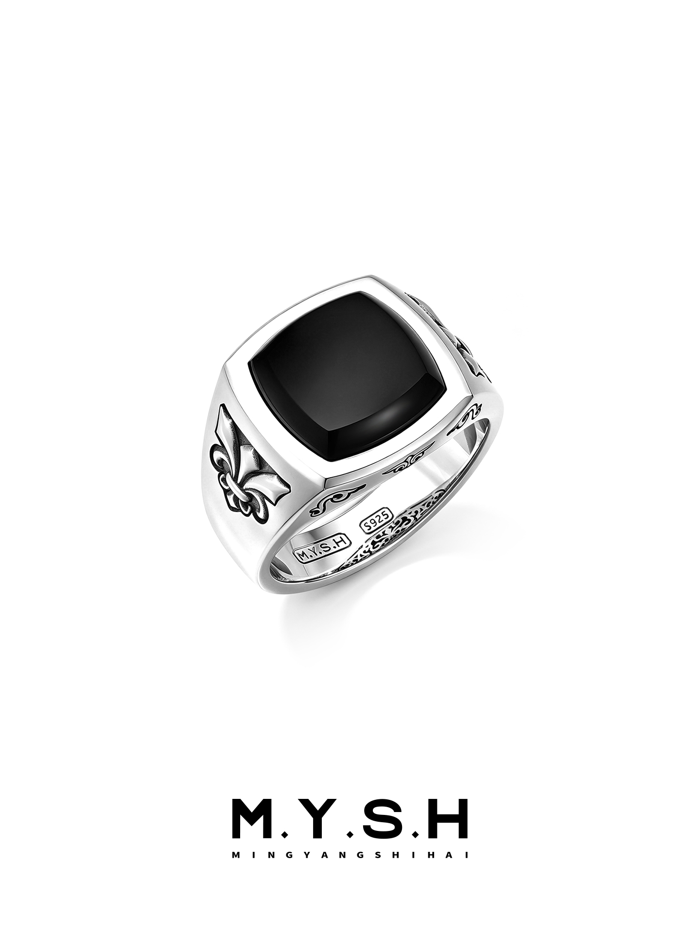 S925 Silver Classic Fleur-de-Lis Black Stone Signet Ring