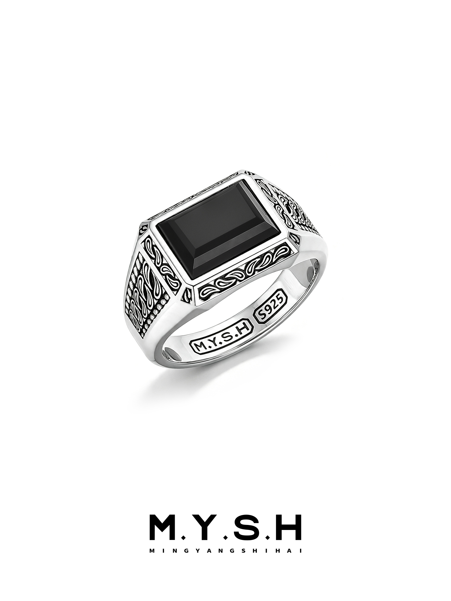 S925 Silver Paisley Black Onyx Signet Ring