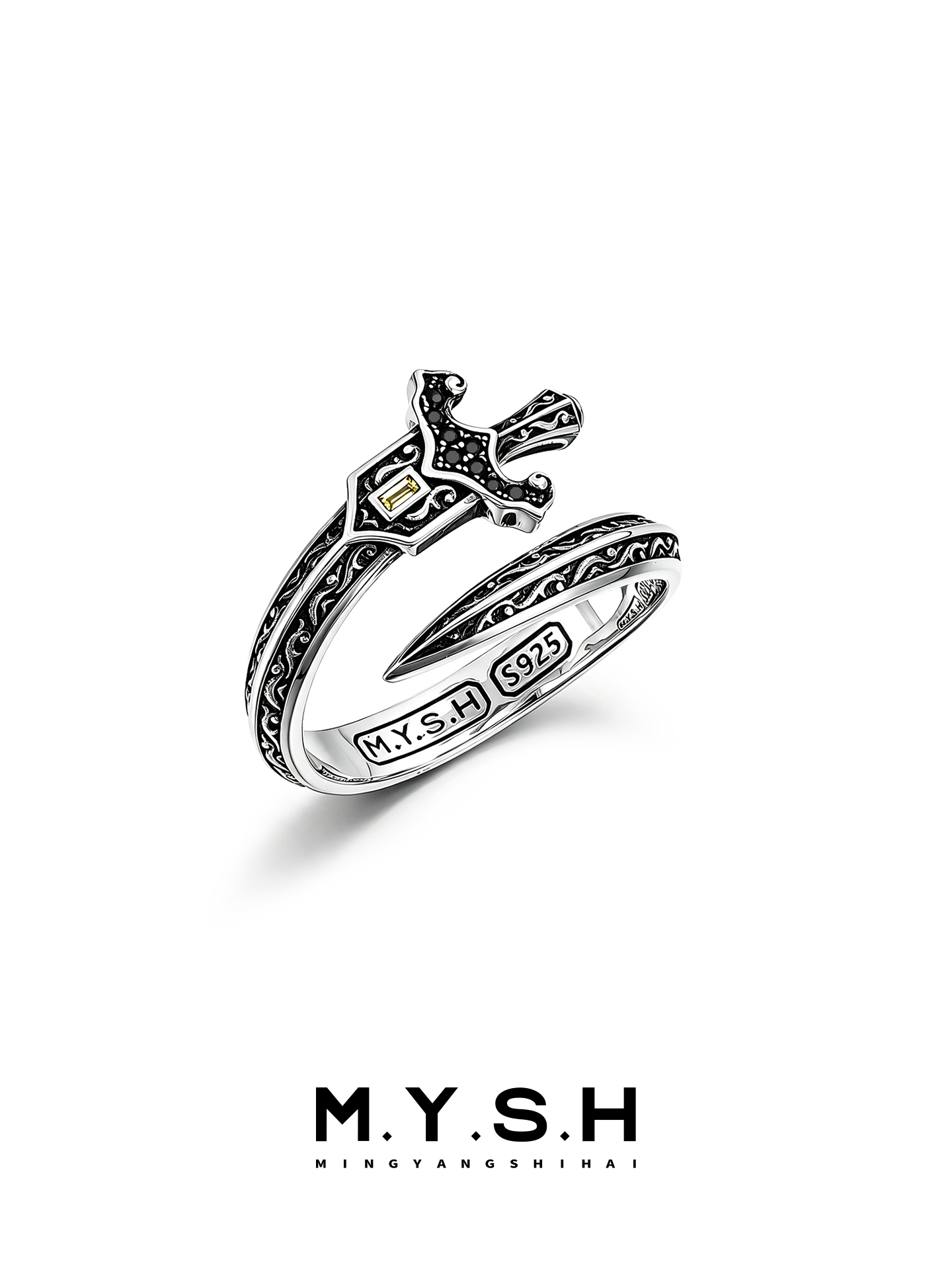 S925 Silver Knight Sword Open Ring for Men