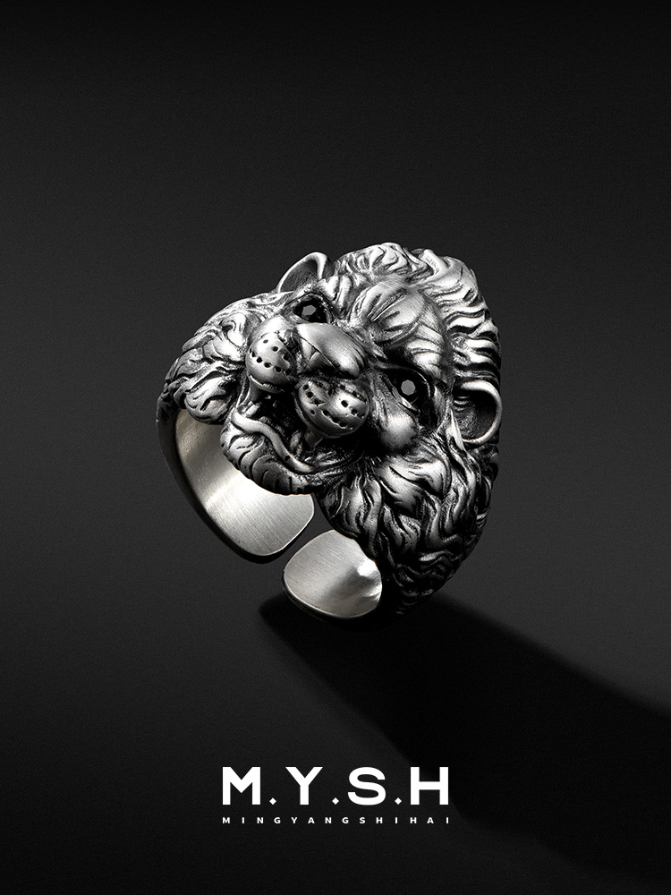 S925 Silver 3D Lion Head Open Ring-MYSH