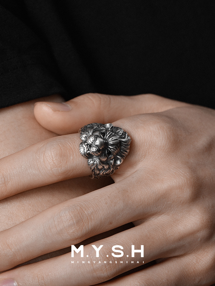 S925 Silver 3D Lion Head Open Ring-MYSH