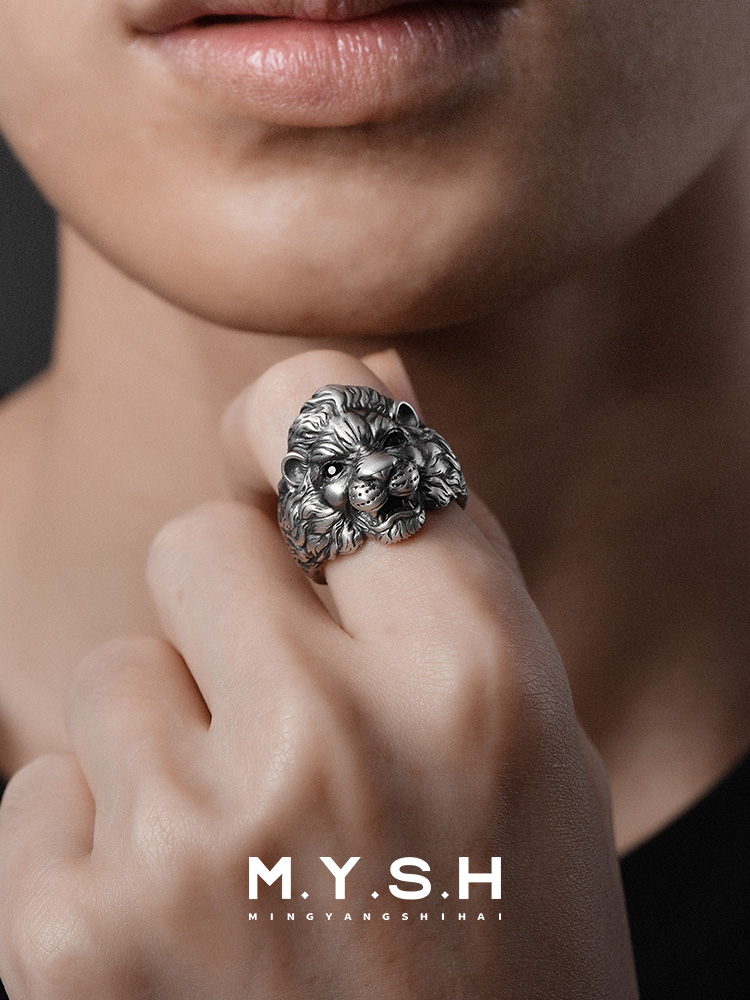 S925 Silver 3D Lion Head Open Ring-MYSH