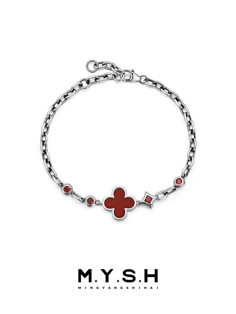 S925 Silver Black Agate Four-Leaf Clover Bracelet for Men – MYSH