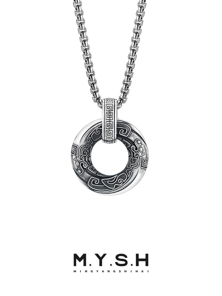 S925 Silver Dragon & Greek Key Pendant Necklace