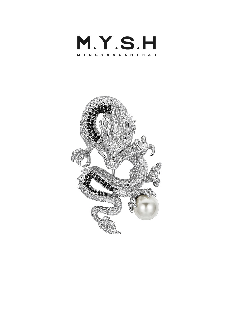 S925 Silver Auspicious Dragon with Pearl Brooch