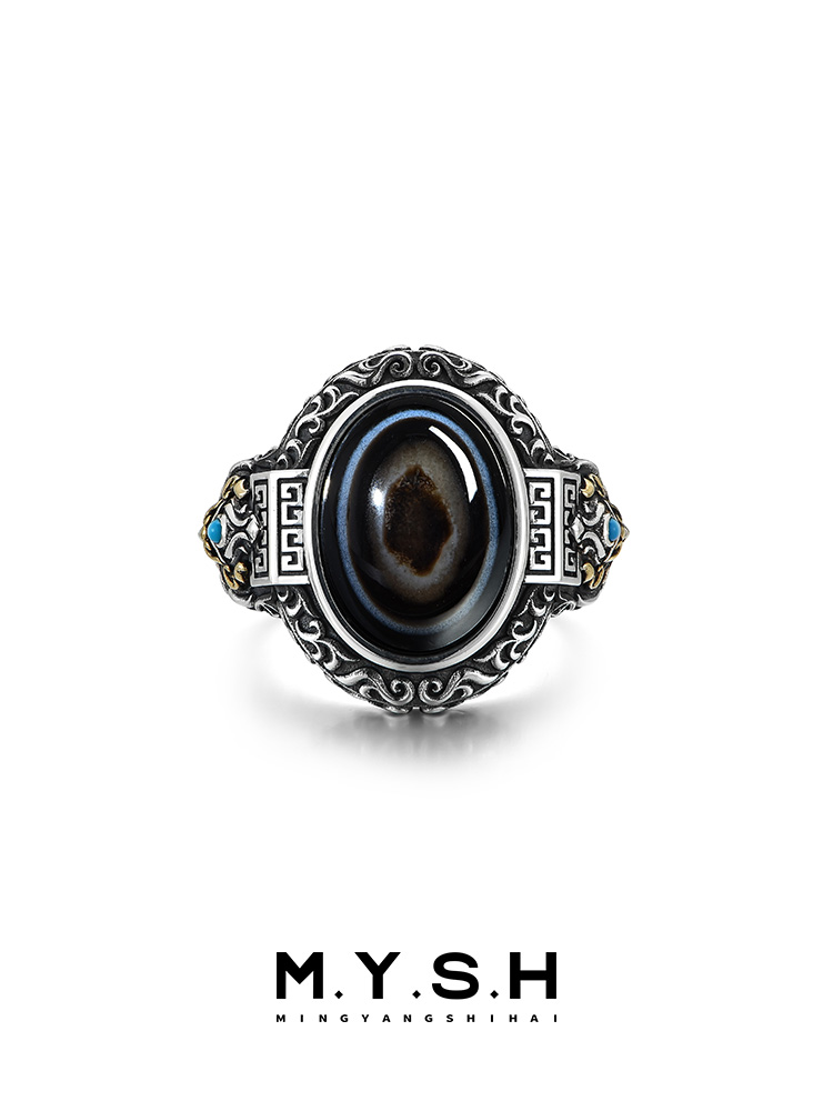 S925 Silver Dzi Stone Mens Ring