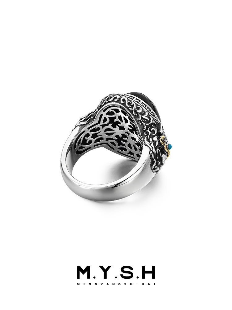 S925 Silver Dzi Stone Mens Ring