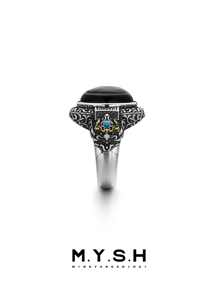S925 Silver Dzi Stone Mens Ring