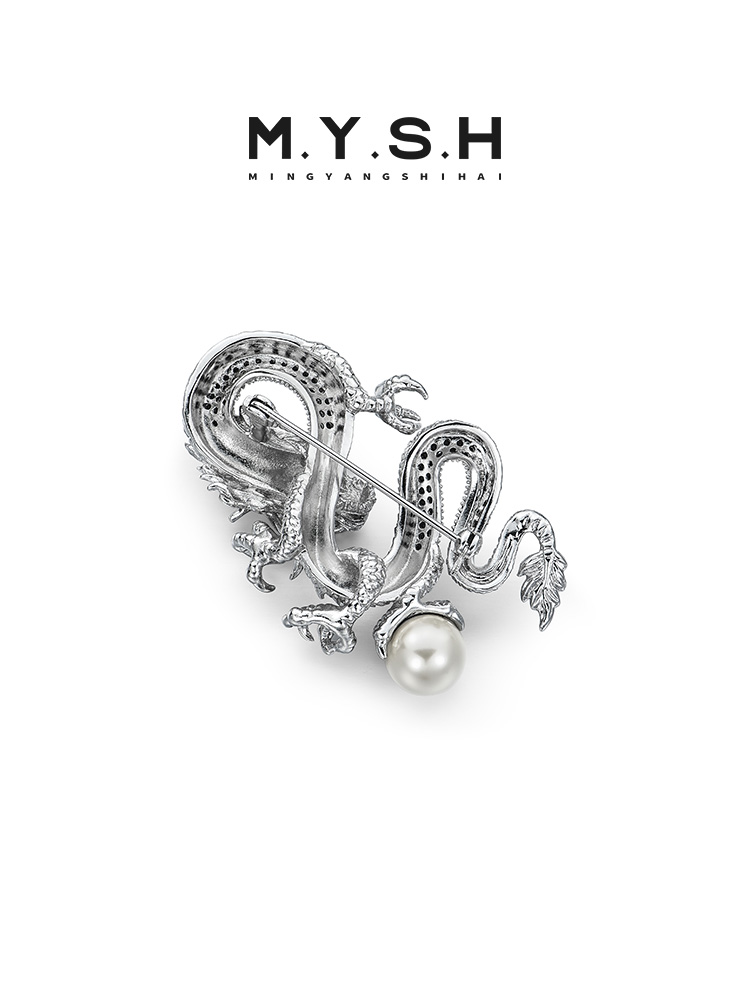 S925 Silver Auspicious Dragon with Pearl Brooch