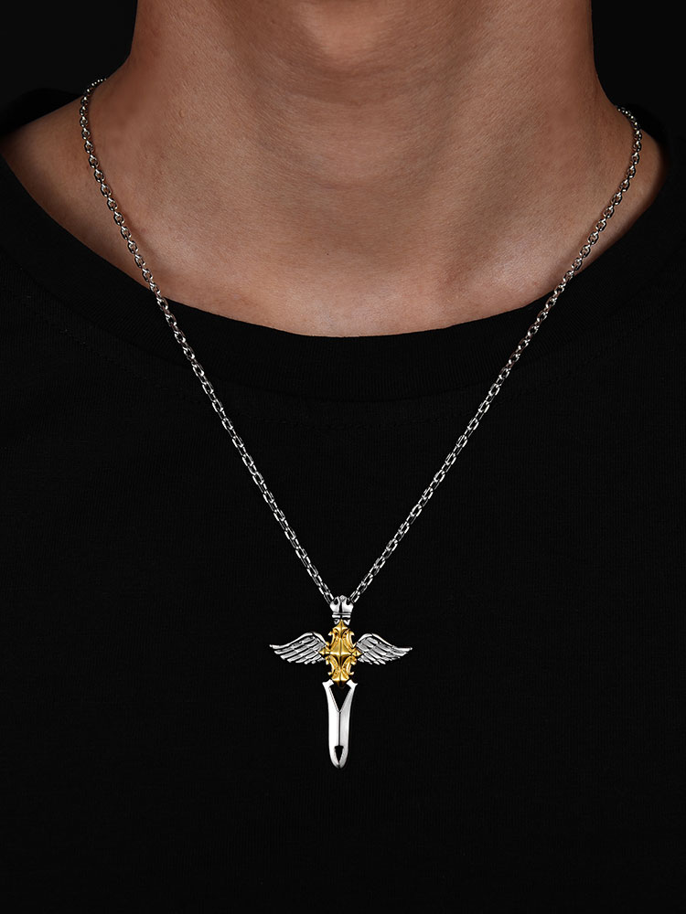 S925 Silver Gold-Plated Angel Sword Wing Cross Pendant Necklace