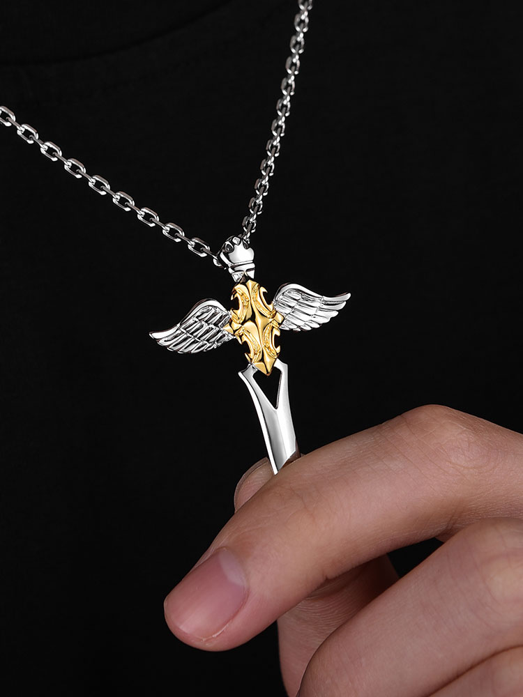 S925 Silver Gold-Plated Angel Sword Wing Cross Pendant Necklace