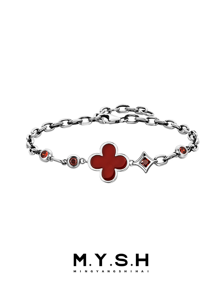 S925 Silver Black Agate Four-Leaf Clover Bracelet for Men