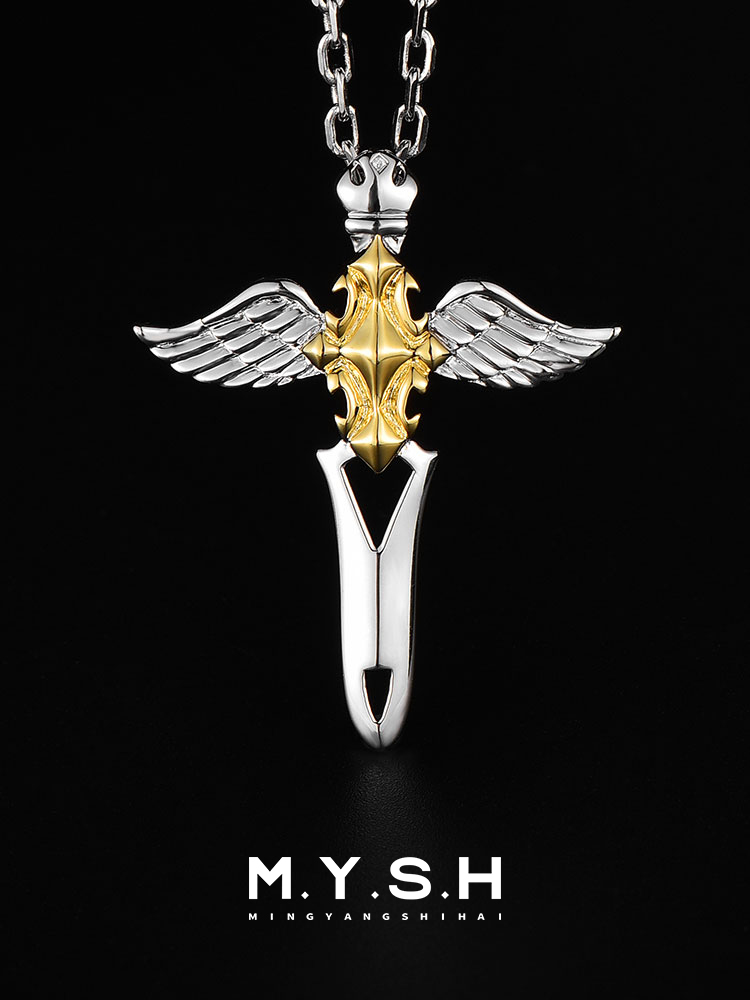 S925 Silver Gold-Plated Angel Sword Wing Cross Pendant Necklace