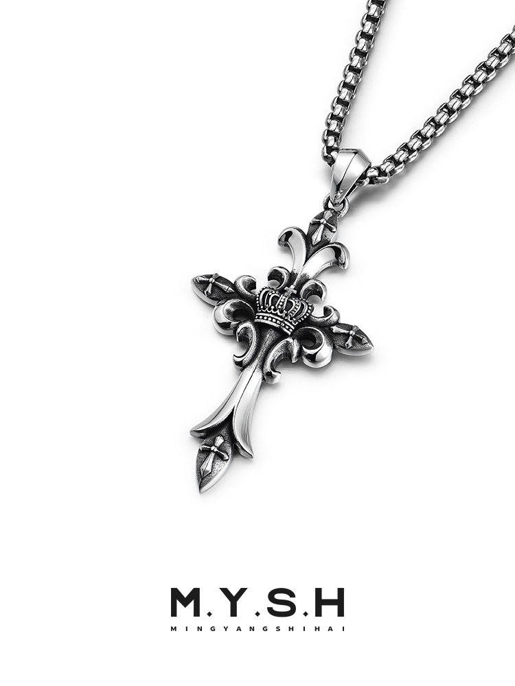 S925 Silver Crowned Cross Pendant Necklace