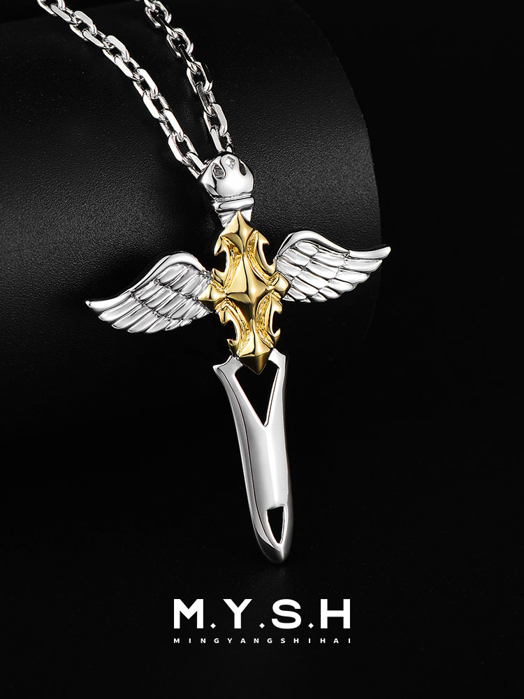 S925 Silver Gold-Plated Angel Sword Wing Cross Pendant Necklace