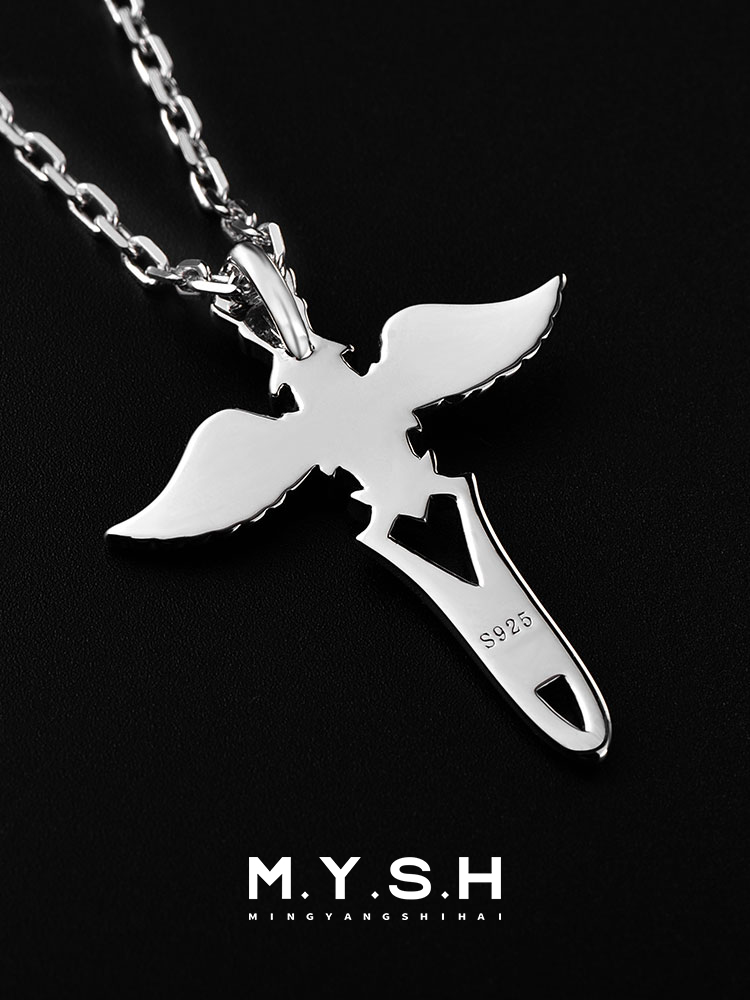 S925 Silver Gold-Plated Angel Sword Wing Cross Pendant Necklace