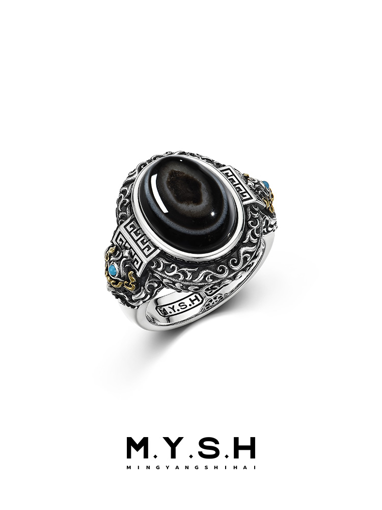 S925 Silver Dzi Stone Mens Ring