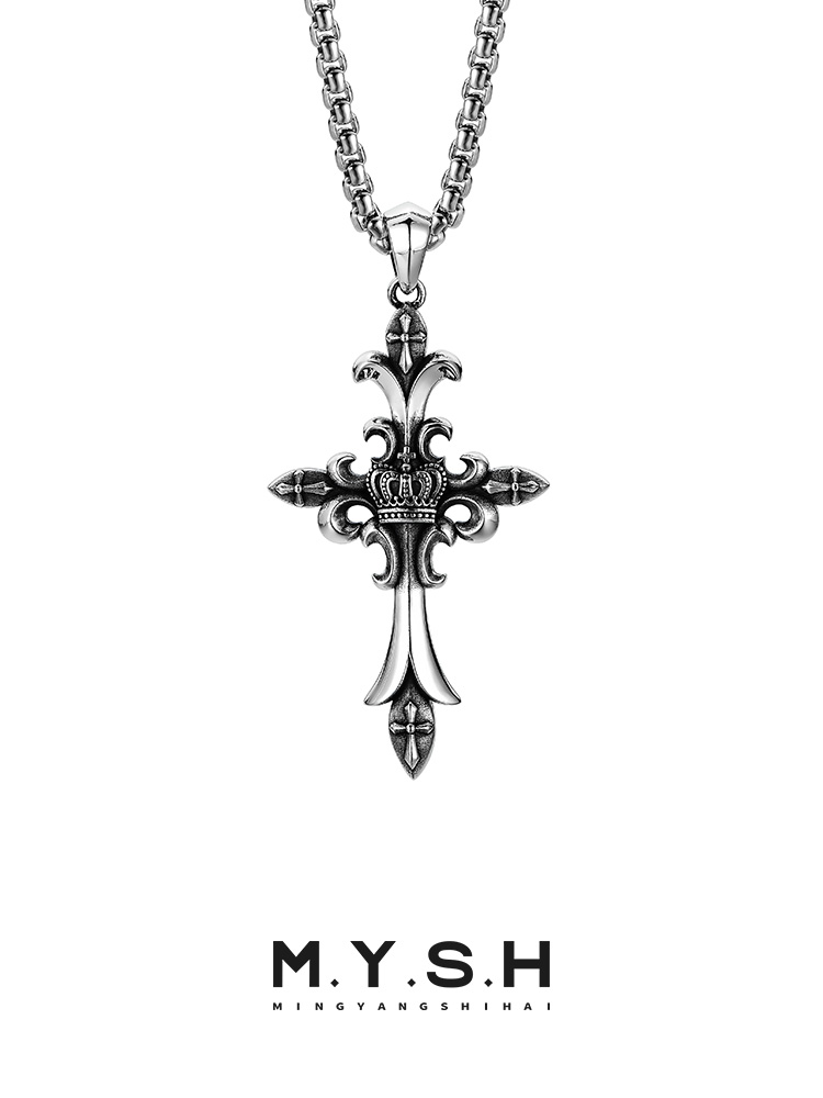 S925 Silver Crowned Cross Pendant Necklace