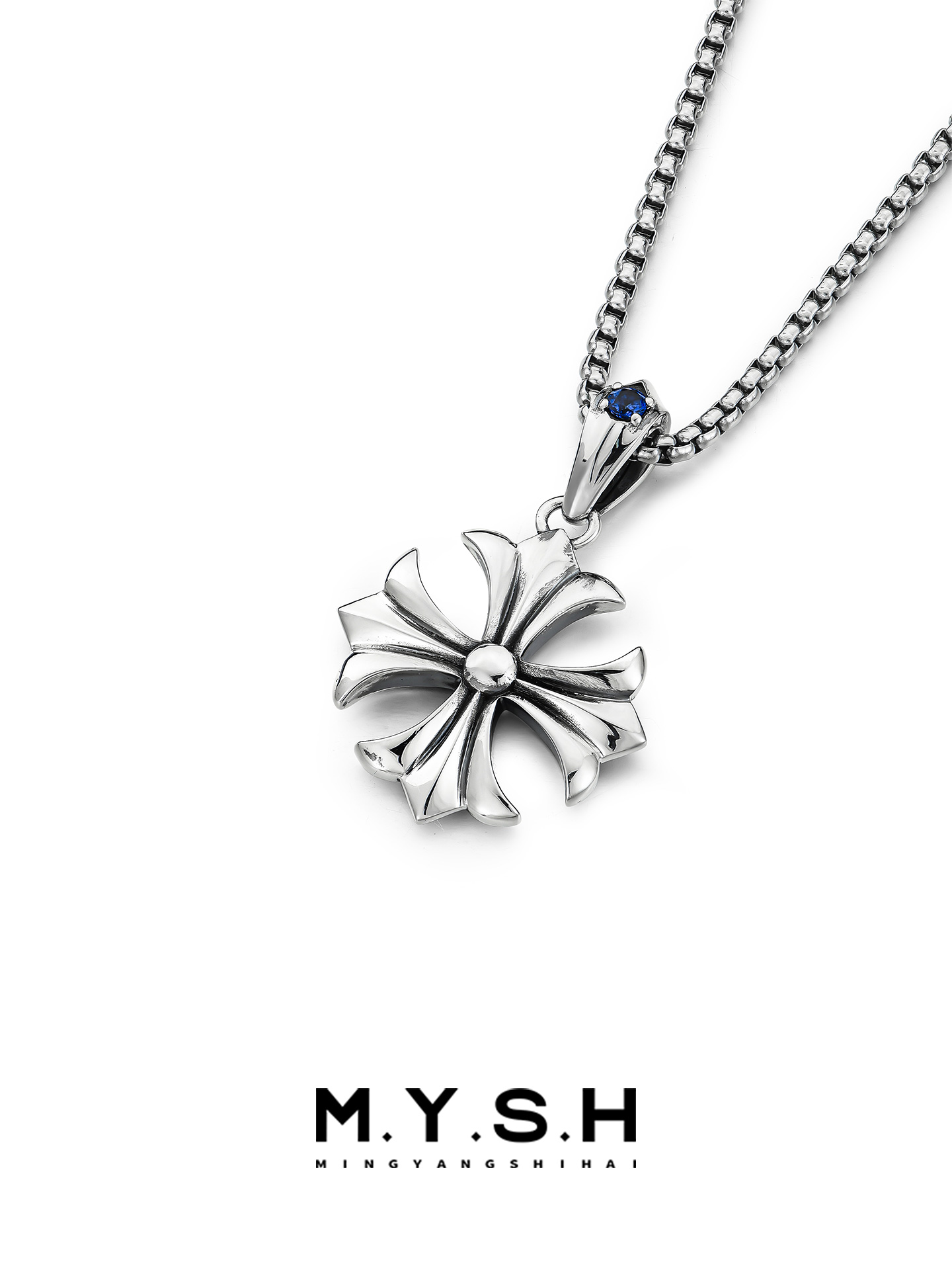 S925 Silver Fleur-de-Lis Cross Pendant Necklace for Men