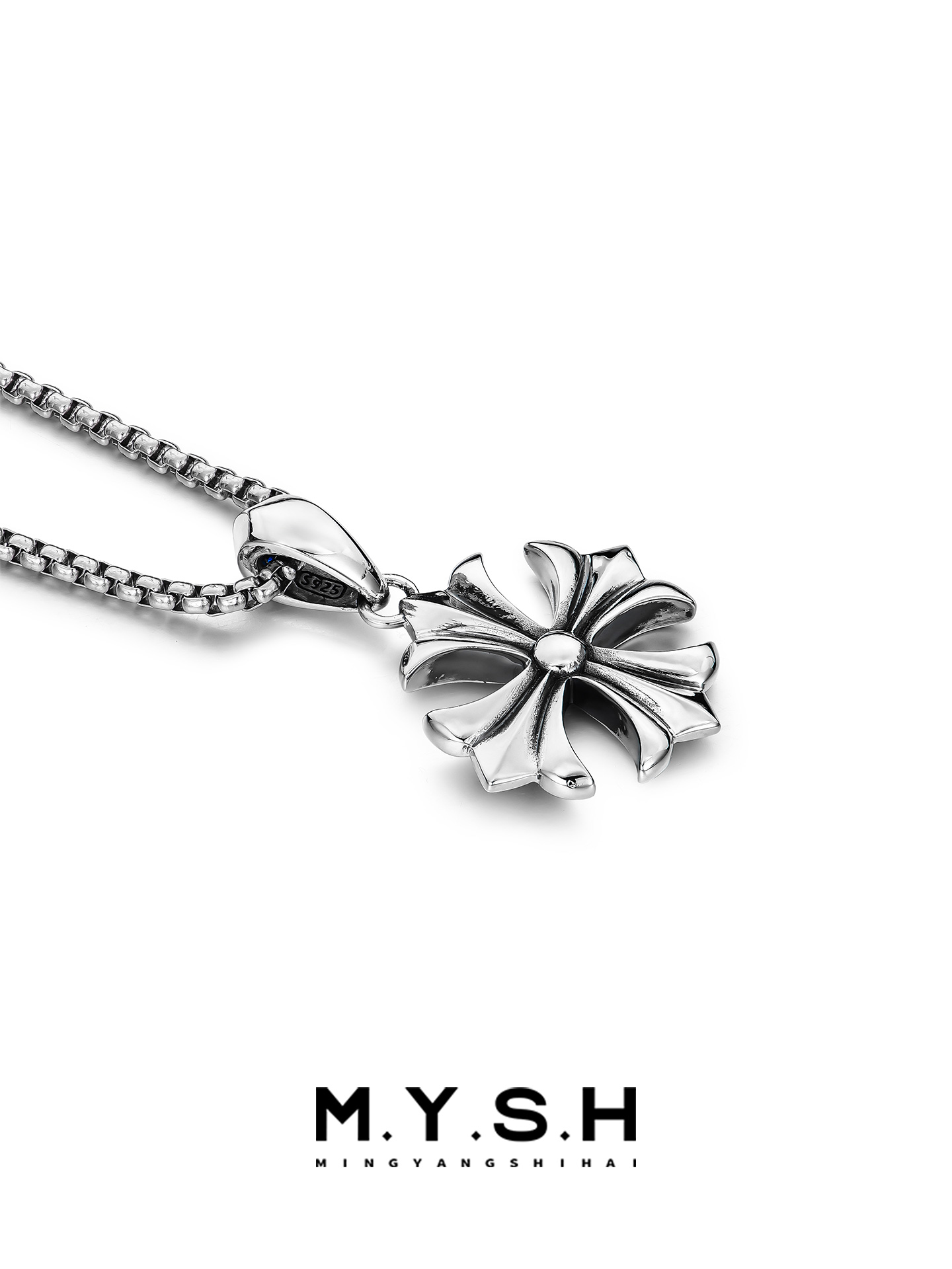 S925 Silver Fleur-de-Lis Cross Pendant Necklace for Men