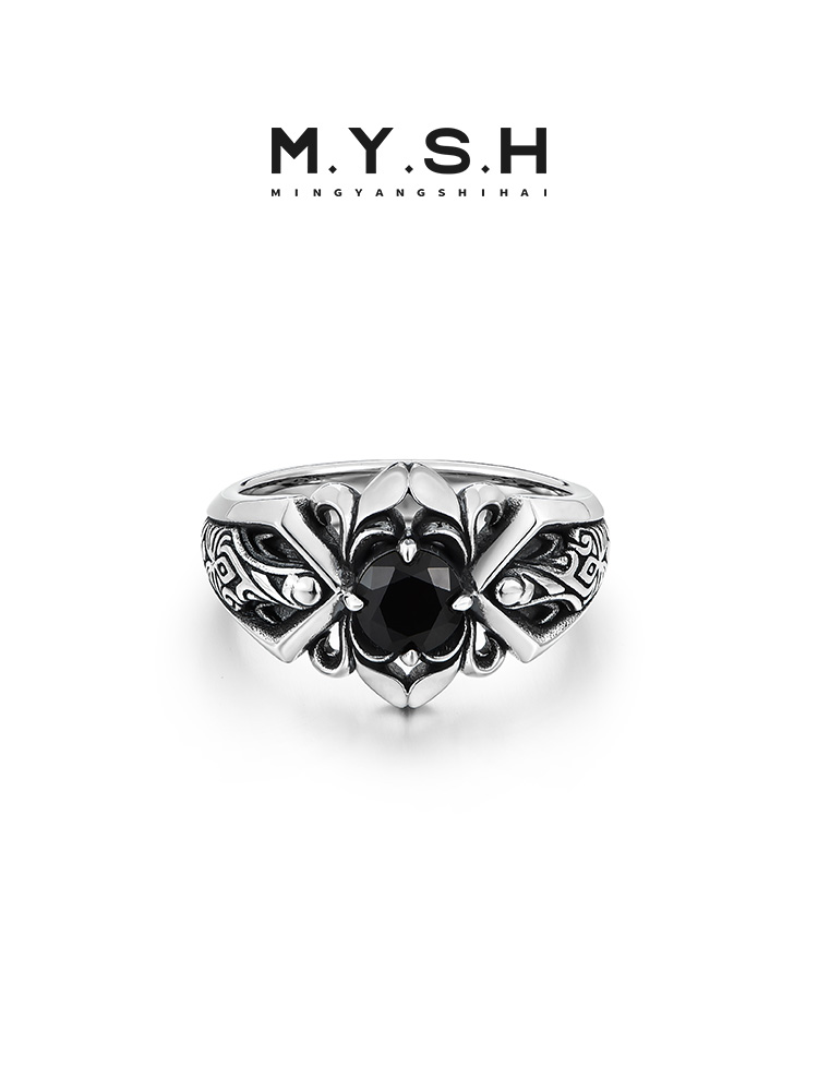 S925 Silver Vintage Black Onyx Wide Ring