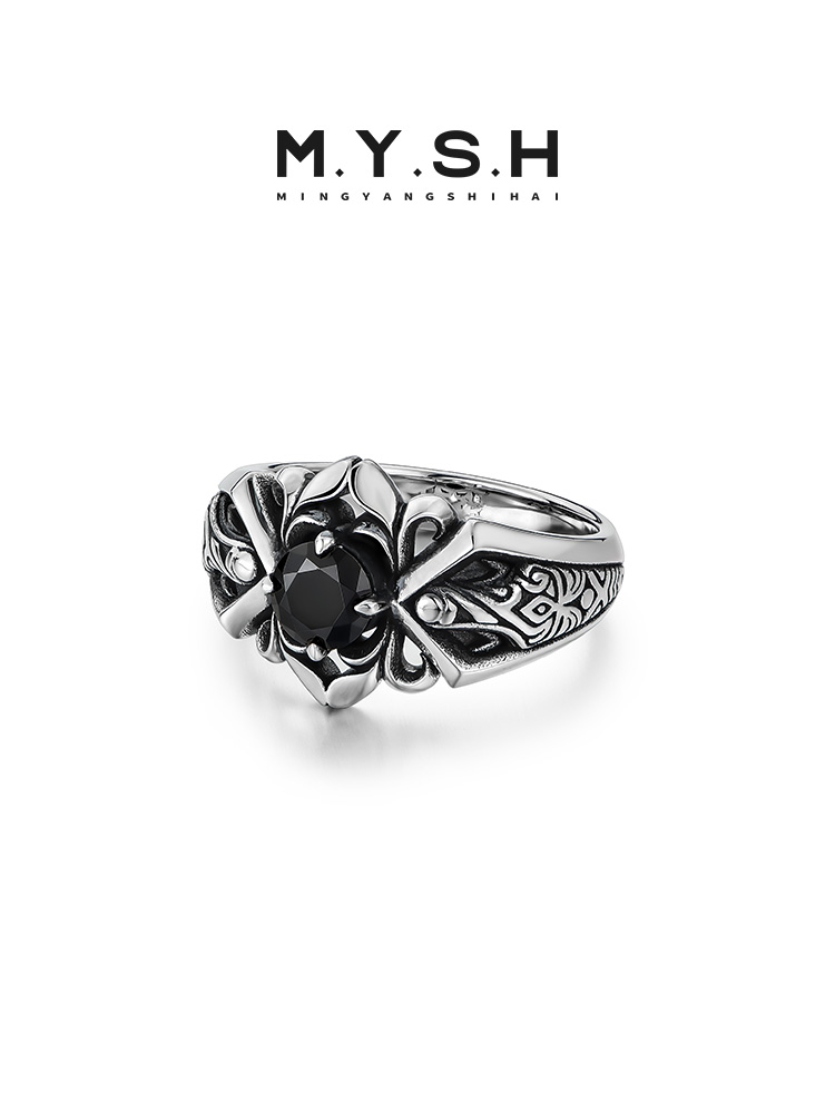 S925 Silver Vintage Black Onyx Wide Ring