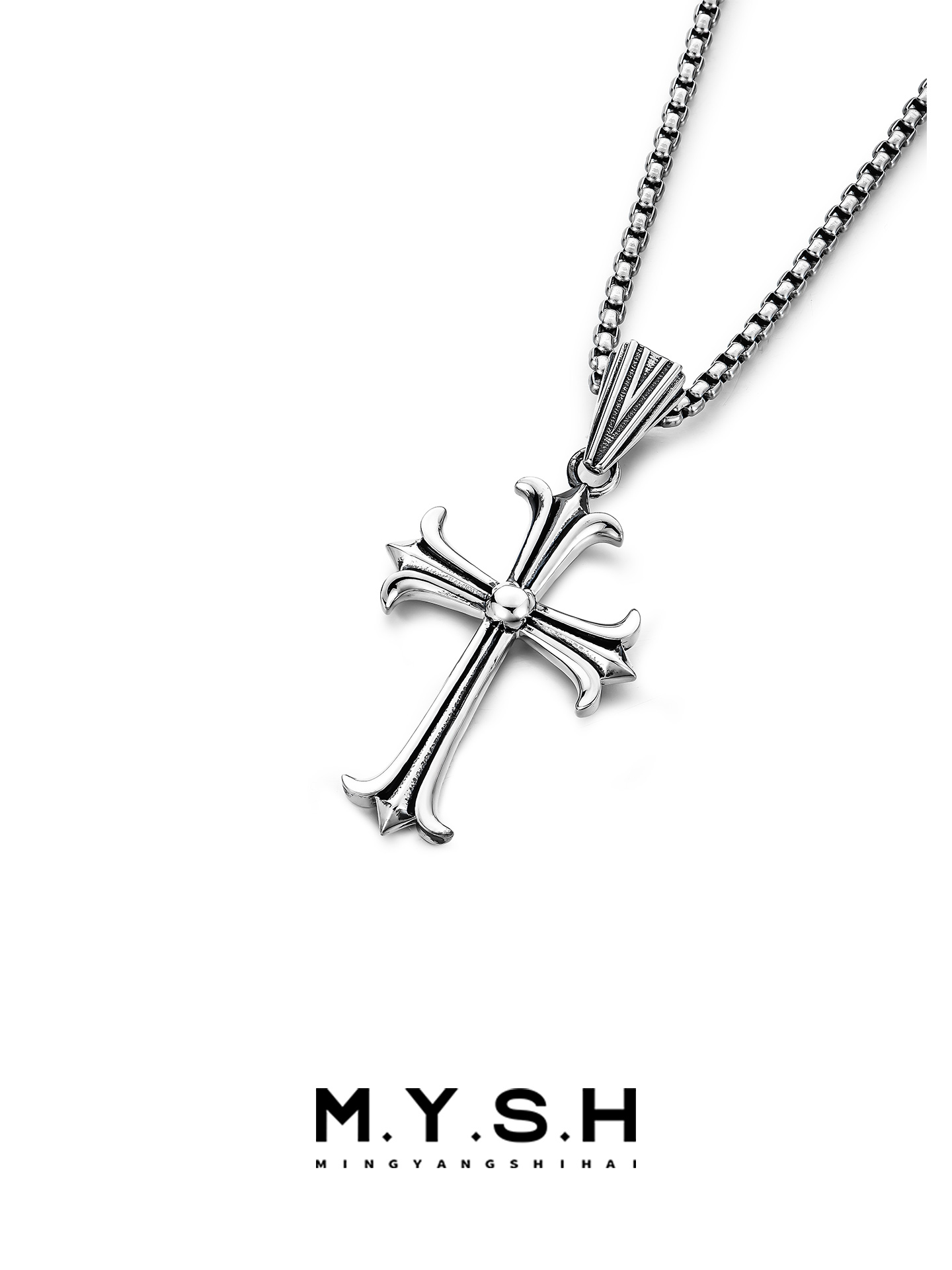 S925 Silver Fleur-de-Lis Gothic Cross Pendant Necklace