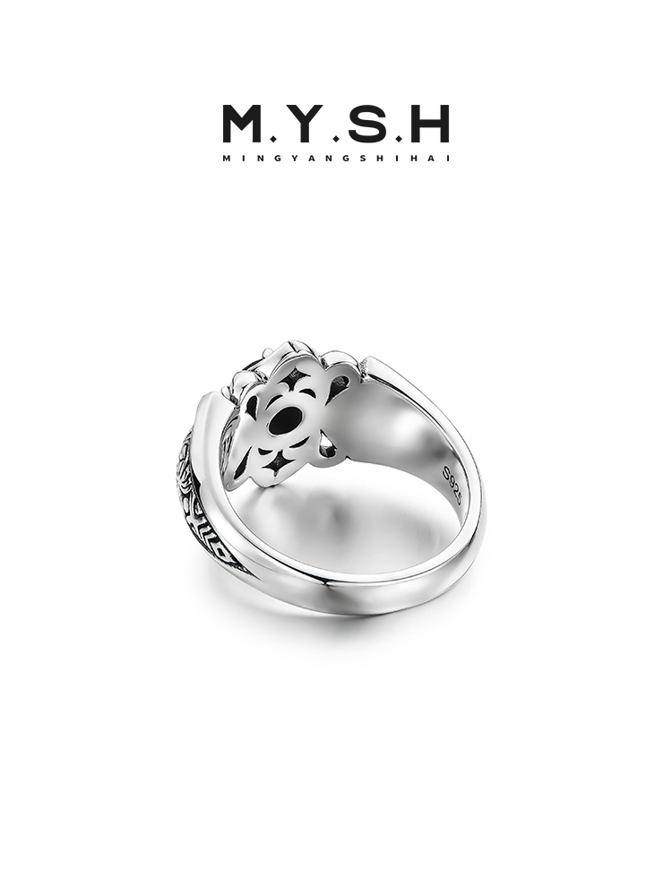 S925 Silver Vintage Black Onyx Wide Ring