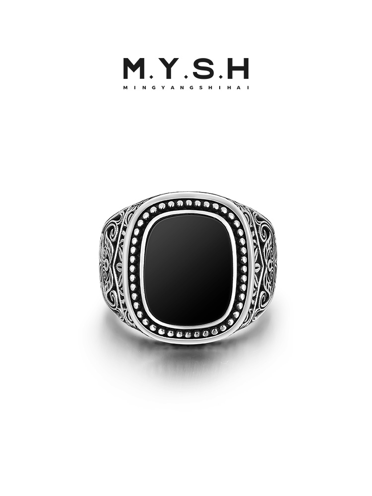 S925 Silver Black Onyx Vintage Square Ring
