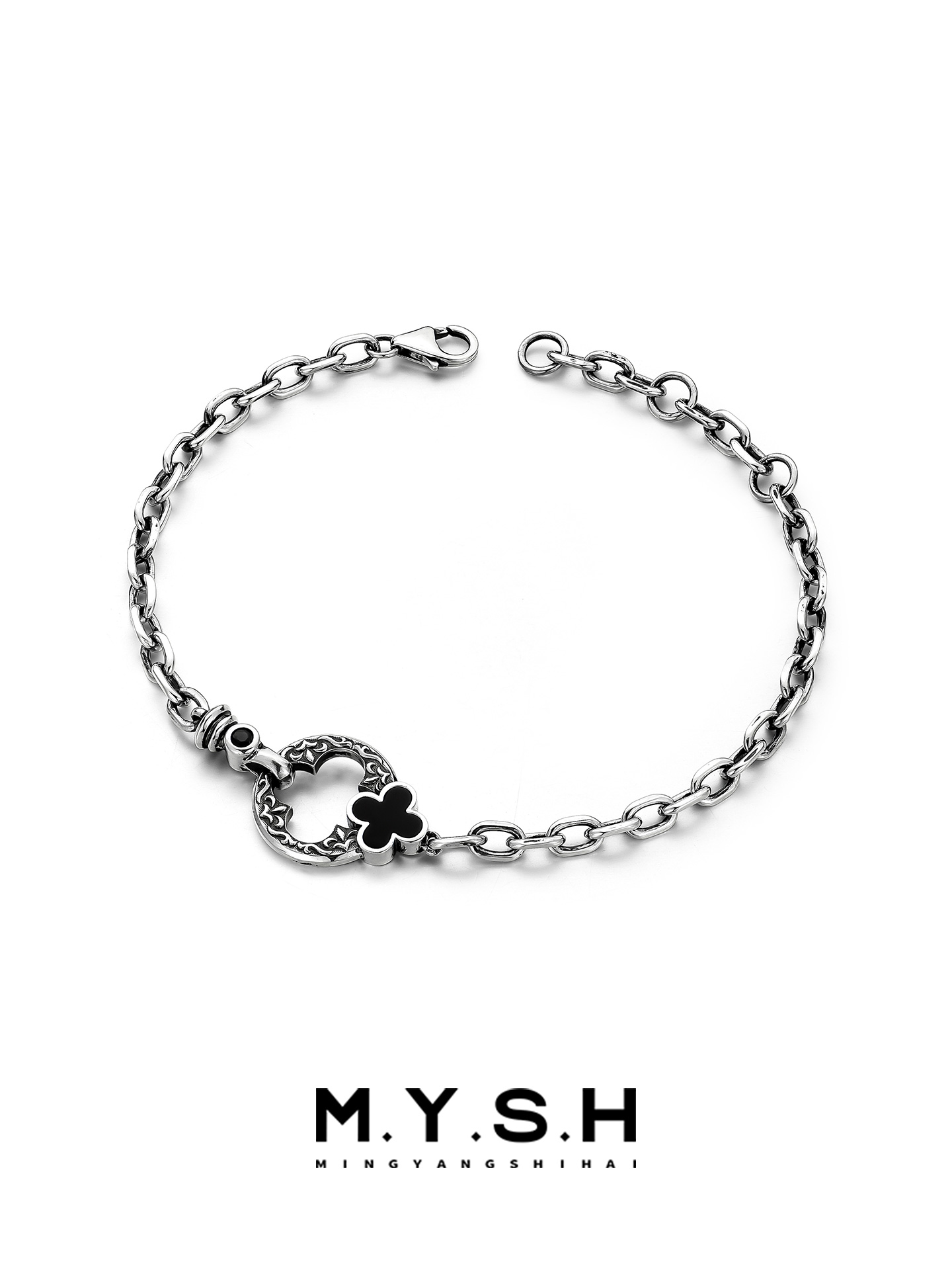 S925 Silver Four-Leaf Clover Circle Bracelet for Men