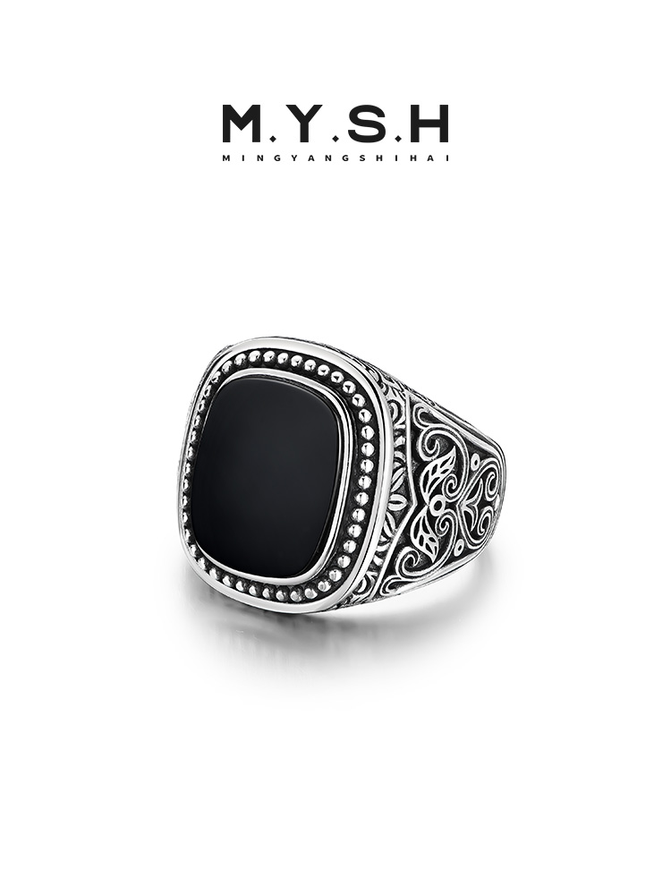 S925 Silver Black Onyx Vintage Square Ring