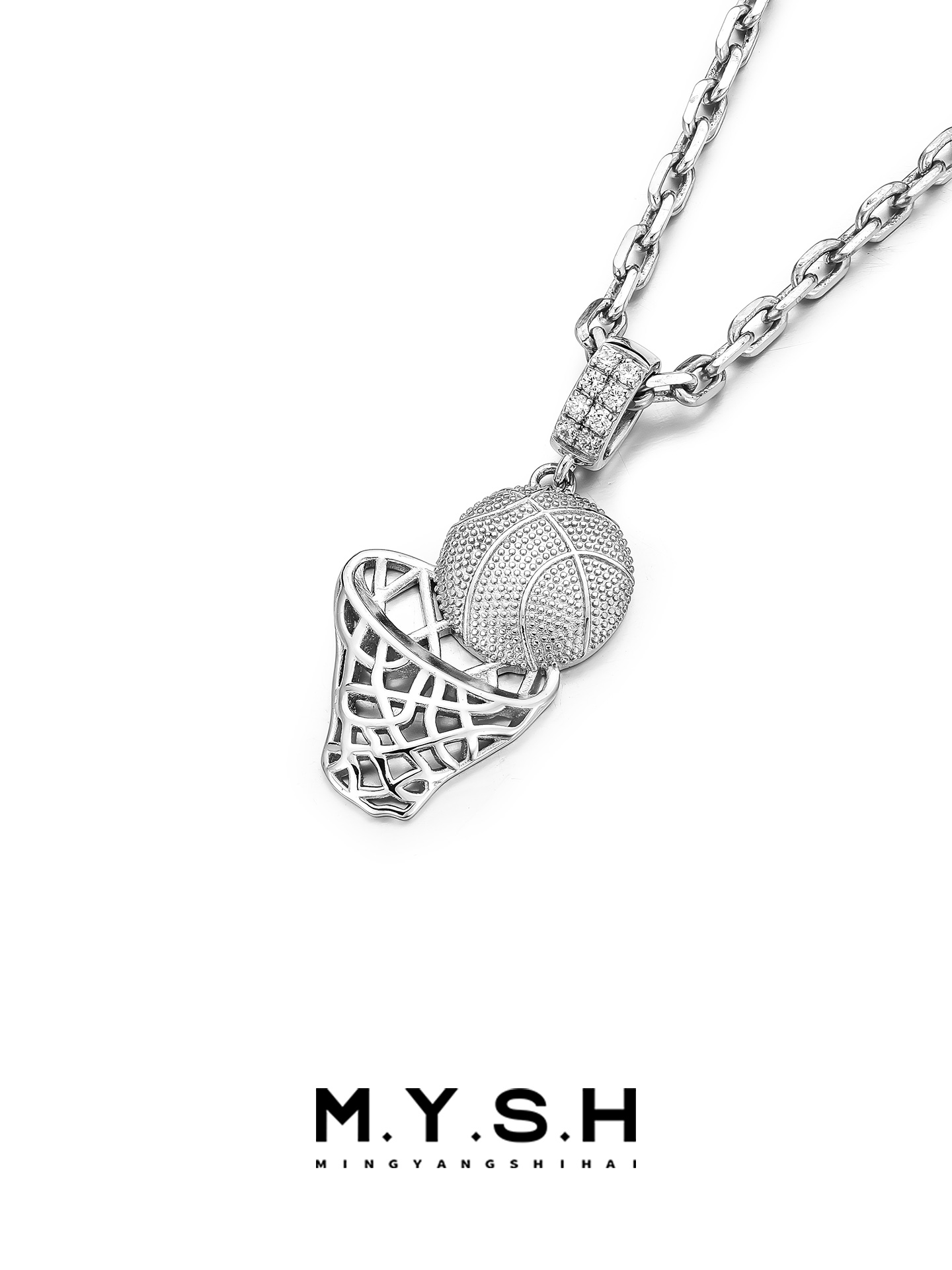 S925 Silver Diamond Basketball Hoop Pendant Necklace
