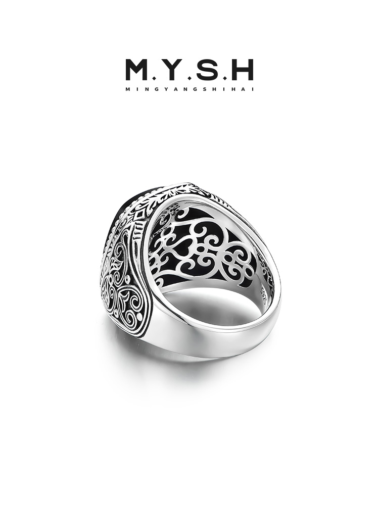 S925 Silver Black Onyx Vintage Square Ring