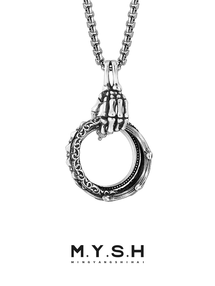 S925 Silver Skeleton Hand Ring of Hope Pendant Necklace