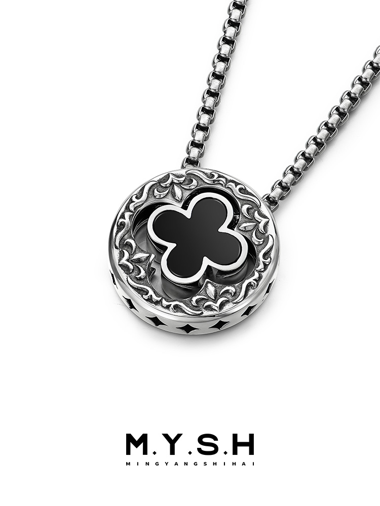 S925 Silver Natural Black Agate Four-Leaf Clover Pendant Necklace