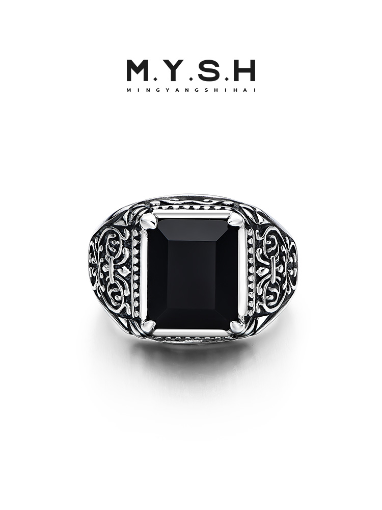 S925 Silver Black Onyx Signet Ring for Men-MYSH